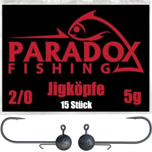 Paradox Fishing Jigköpfe Set 15x 5g 2/0 I, Gummifisch mit Jighead für Gummifische Barsch Hecht Zander Angelzubehör