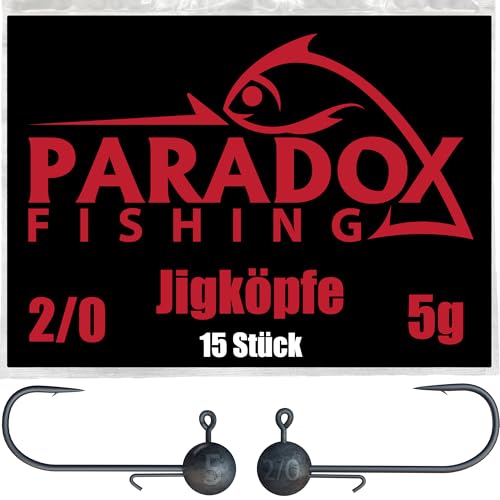 Paradox Fishing Jigköpfe Set 15x 5g 2/0 I, Gummifisch mit Jighead für Gummifische Barsch Hecht Zander Angelzubehör