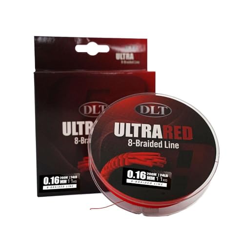 DLT Ultra Red 8 Geflochtene Angelschnur 200m, 0,16mm Durchmesser, verbesserte Wurfeigenschaften und Unterwasseraktion, mikrobeschichtete Wasserabweisung aus 8 Strängen geflochten.