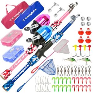 DaddyGoFish Angelrute für Kinder - Rute-Rolle-Kombi-Set für die Angelbox - Kleines Ausrüstungsset für Jungen, Mädchen, Kleinkinder, Jugendliche, Anfänger (Essential Set, Blau + Rosa, 5ft)