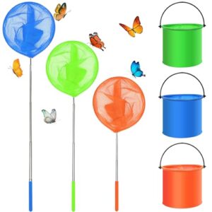 Vier Teleskop-Keschern und drei faltbaren Eimer für Outdoor-Aktivitäten, perfekt für Garten, Strand oder Feld. Hochwertiger Edelstahl und hochfester Nylon.