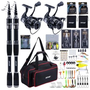 Komplett Angelset für den Einstieg, 2 Teleskop-Angelruten, Spinnrolle, Schnur, Köderbox und Tragetasche, ideal für Salz-/Süßwasser, Reisen, Angeln als Geschenk