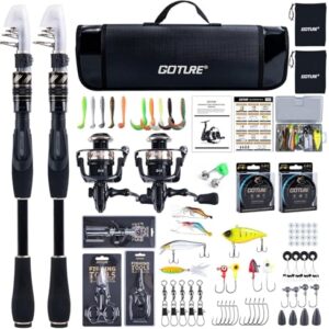 Goture Angelset mit 2 Teleskop-Angelruten, Spinnrolle und Zubehör für Salz-/Süßwasser-Angeln bei Reisen