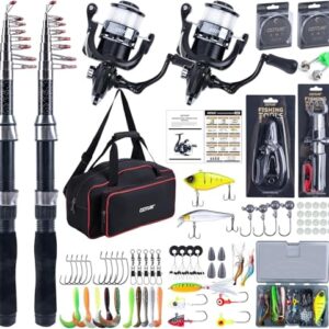 Angelset mit 2 Teleskop-Angelruten, Spinnrolle, Köderbox und Tragetasche für Salz-/Süßwasser