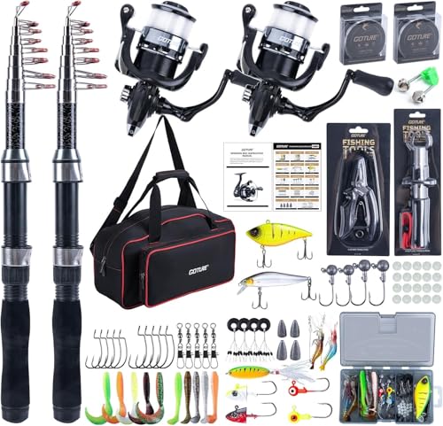 Angelset mit 2 Teleskop-Angelruten, Spinnrolle, Köderbox und Tragetasche für Salz-/Süßwasser