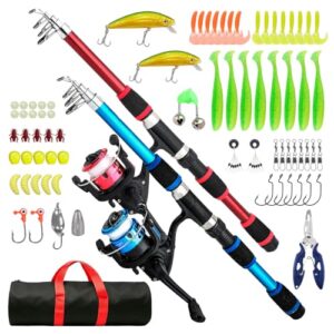 Angelset für Kinder, 2 Stück 1.8m Kinderangel Starter Set mit Angelrolle, Köder und Tragetasche Set, Kohlefaser Teleskop Angelruten und Rolle, Angel Zubehör für Kinder von Jungen Mädchen
