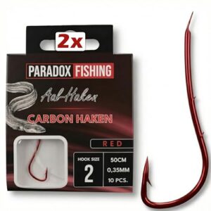Paradox Fishing Aal-Vorfachhaken 2# Set, Wurmhaken, Rote geschränkte Carbonhaken mit 2 Widerhaken am Schenkel, 50cm Länge & 0,35mm Hochleistungsschnur für Aal