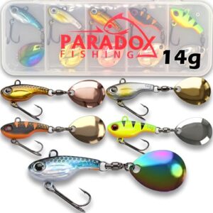Paradox Fishing Infinity Jig Spinner 5er Set 14g für Barsch, Zander und Hecht abfischen mit holo UV-Aktiven Dekoren
