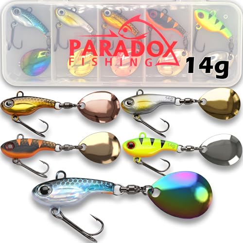 Paradox Fishing Infinity Jig Spinner 5er Set 14g für Barsch, Zander und Hecht abfischen mit holo UV-Aktiven Dekoren