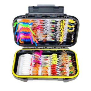 Künstliche Fliegen für das Fliegenfischen, ideal für Forelle, Lachs und Bass. 114 Stück pro Box in verschiedenen Farben.