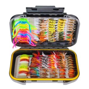 Umfangreiches Fliegenfischen-Fliegen-Set mit 102 trockenen und nassen Fliegen, Nymphen, Streamern und Popper in einer wiederverwendbaren Box für Forellengehölze, ideal für Profis und Anfänger.