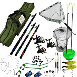 Neues Premium Angelset mit 3 Teleskopischen Angelruten, Rollen, Grüner Angeltasche, Kescher, Rutenhaltern und über 50 Zubehörteilen für erfolgreiche Fischerei