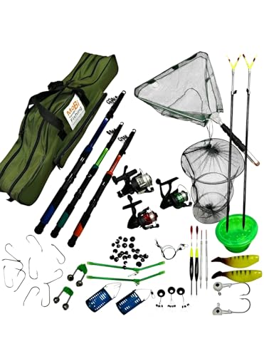Neues Premium Angelset mit 3 Teleskopischen Angelruten, Rollen, Grüner Angeltasche, Kescher, Rutenhaltern und über 50 Zubehörteilen für erfolgreiche Fischerei