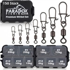 Paradox Fishing Duo-Lock Angel Wirbel Set I, 150 Stück - Premium Wirbelsortiment für den Angler mit Duolock-Snap und Karabiner
