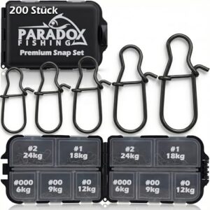 Fischereizubehör, Paradox Fishing Duo Lock Snap Set, 200 Stück #000-#2 mit Box, Snaps für Forellenköder, Hecht-Köder und Barsch-Köder