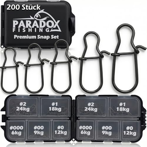 Fischereizubehör, Paradox Fishing Duo Lock Snap Set, 200 Stück #000-#2 mit Box, Snaps für Forellenköder, Hecht-Köder und Barsch-Köder
