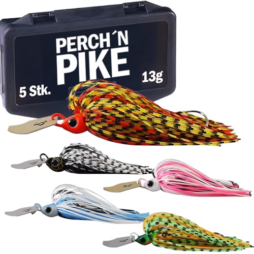 PERCH`N PIKE 5er Chatterbait Angelköder Set mit Box, Kunstköder für Spinnfischen auf Hecht, Barsch und Zander