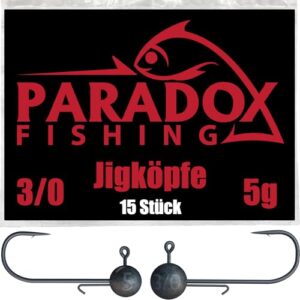 Paradox Fishing Jigköpfe Set 15x 5g 3/0 - Gummifisch mit Jighead für Zander Angelzubehör, Fische angeln, Angelzubehör für Zander und Barsch