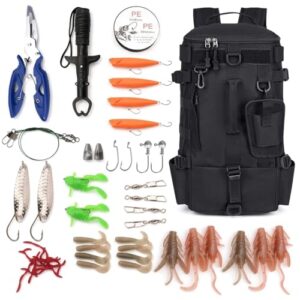 Professionelles Angelzubehör-Set mit MOLLE-System, 15L Angeltasche, Angelzangen, Ködern, Fischhakenentferner und Lip Gripper für Süss- und Salzwasserangeln