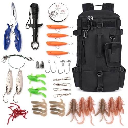 Professionelles Angelzubehör-Set mit MOLLE-System, 15L Angeltasche, Angelzangen, Ködern, Fischhakenentferner und Lip Gripper für Süss- und Salzwasserangeln