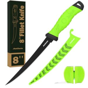 Ein hochwertiges Filetiermesser mit dem Titel "ANTOWIN 20,3cm Filetiermesser Fisch". Es hat eine edle Stahlklinge aus japanischem SG2 und einen SharkGrip-Griff. Ideal für Angeln und das Filetieren von Fischen.