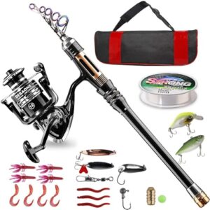 Das perfekte Angelrute-Set für Anfänger und Fortgeschrittene mit Teleskoprute, Spule, Angelschnur, Köder Set und Tragetasche für Salzwasser & Süßwasser Fischen