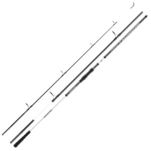 Ergänztes Bild einer hochwertigen Angler Rute aus der Marke Daiwa. Die Seahunter X Surf ist eine robuste und funktionale Angelrute mit drei Teilen, die zusammenklappbar sind.
