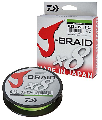 Hochwertige und zuverlässige Daiwa J-Braid 8 Braid Angelschnur für Fischfang, rund geflochtene Schnur mit Tragkraft von 36kg/39lbs und Länge von 300m in Chartreuse Farbe
