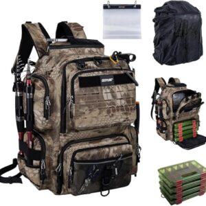 Ergonomischer Angelrucksack mit 4 Köderboxen, Rutenhaltern und Regenschutz für Angel-Touren und Outdoor-Aktivitäten