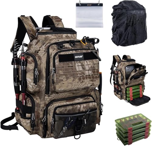Ergonomischer Angelrucksack mit 4 Köderboxen, Rutenhaltern und Regenschutz für Angel-Touren und Outdoor-Aktivitäten