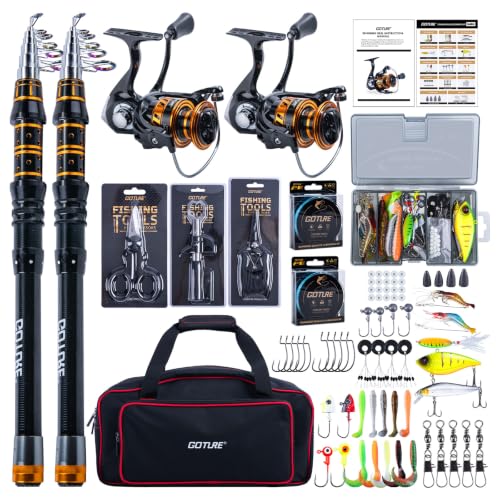 Ein perfektes Angelset für jeden Angler! Goture Angelset Komplettset mit 2 Teleskop-Angelruten, 2 Stationärrollen, Angelschnüre, Bissanzeigern und Angelzange.