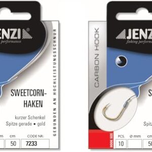 Packung gebundene Mais-Haken für Karpfen von Jenzi, Allroundhaken mit Mono-Schnur und Petri Heil! Aufkleber