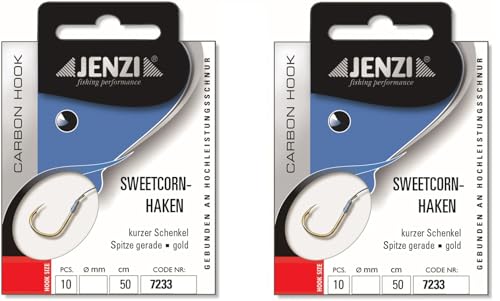 Packung gebundene Mais-Haken für Karpfen von Jenzi, Allroundhaken mit Mono-Schnur und Petri Heil! Aufkleber