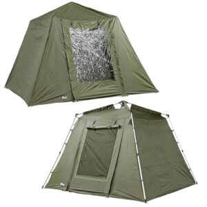 Ergonomisches Angelzelt für 1-3 Personen mit wasserdichtem Material und Überwurf (Winterskin) für optimalen Schutz vor Regen, Schnee und Wind.