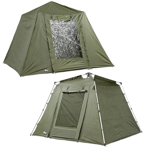 Ergonomisches Angelzelt für 1-3 Personen mit wasserdichtem Material und Überwurf (Winterskin) für optimalen Schutz vor Regen, Schnee und Wind.