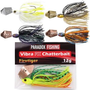 Chatterbaits für die Jagd nach Hechten, Karpfen und anderen Raubfischen. Das Paradox Fishing Vibra PX Chatterbait Set enthält 5 fängige Köder mit stark UV-aktivem Edelstahl-Blade und flexiblen Gummifransen.