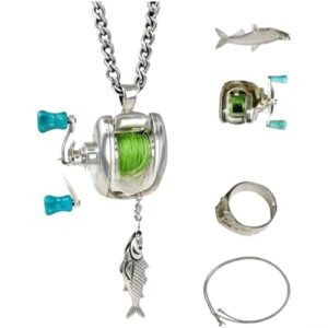 Angel-Themen-Schmuck für Angler, Kleine Angelrolle Halskette Anhänger und Ring Set mit verstellbarer Kette aus Legierung