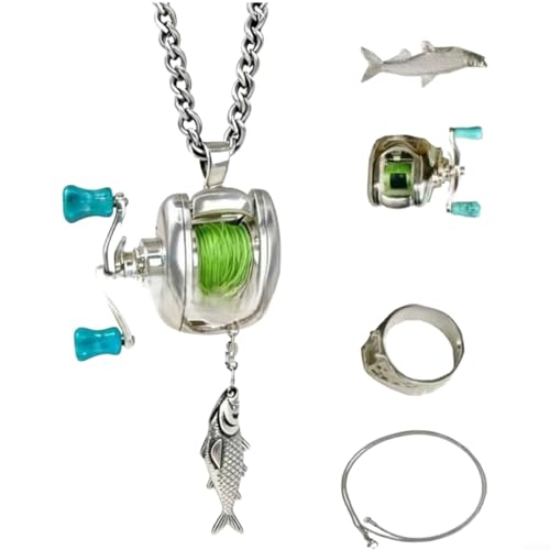 Angel-Themen-Schmuck für Angler, Kleine Angelrolle Halskette Anhänger und Ring Set mit verstellbarer Kette aus Legierung