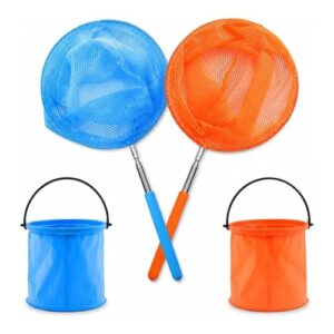 Mailfull 2 Stück Kescher Kinder mit 2 Faltbaren Eimern 38–85 cm Teleskop Kescher für Gartenaktivitäten im Freien, blau und lila, blau und orange