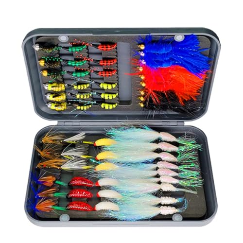 Qitewwrme Fliegenfischen Fliegen Kit, 40/48/54/114 Stück Künstliche Fliegenfischen Köder mit trockenen/nassen Fliegen, Streamer/Würmer/Motte/Nymphen Forelle Angeln mit Box
