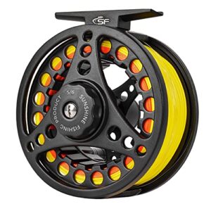 SF Große Arbor Fliegenfischen Rolle 5/6wt Aluminiumlegierung Körper Druckguss Matt Schwarz Vorgeladen Fliegenrolle mit Schnur Combo, Fluoreszierende gelbe Fliegenschnur