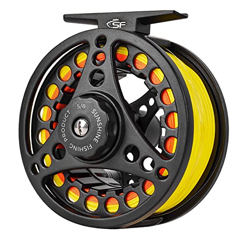 SF Große Arbor Fliegenfischen Rolle 5/6wt Aluminiumlegierung Körper Druckguss Matt Schwarz Vorgeladen Fliegenrolle mit Schnur Combo, Fluoreszierende gelbe Fliegenschnur