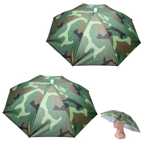 VIVIIHOO Regenschirm Hut Camouflage Grün für Angeln, Camping und Gartenarbeit, Kopfschirm mit UV-Schutz, Wasserdicht, Handsfree, 2er-Pack
