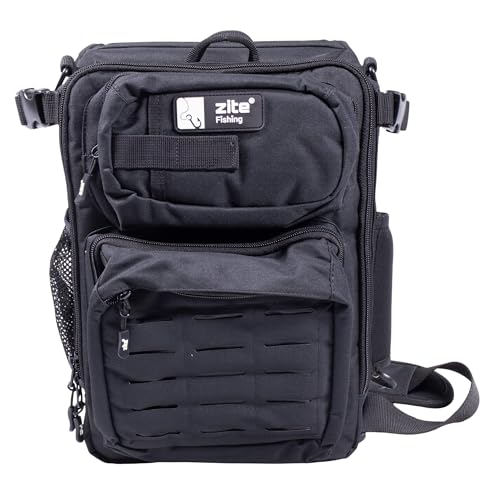 Zite Fishing Slingbag Angeln, Angelrucksack mit 2 Tackleboxen für Angelzubehör, 36×25×13cm Angeltasche, Umhängetasche Extra dickes Rückenpolster, Flaschenhalter & Ideal für Spinnfischen