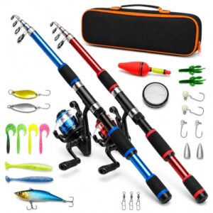 Angelrute für Kinder, 2 Stück Angelrute Set mit Angelschnurrolle und Köder Set 1.8m, ideal für den Einstieg in den Anglensport