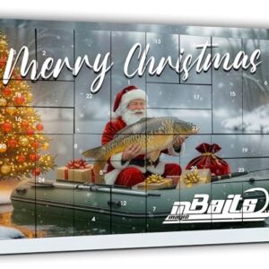 Weihnachtskalender mit Santa Claus und Fisch von Magic Baits. Ein Christbaumschmuck hängt rechts vom Bild, die weissen Buchstaben schreiben: Merry Christmas.