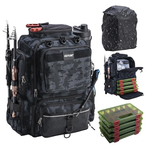 Angelrucksack 45L mit 4 Köderboxen, 2 Rutenhaltern und Regenschutz für Outdoor-Aktivitäten wie Angeln, Wandern oder Radfahren
