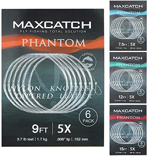MAXIMUMCATCH Fliegenfischen Vorfach mit Schlaufe, 6 Stück pro Packung, 7,5/9/12/15ft, 0X-7X, klar, Nylon, Tapered Leader