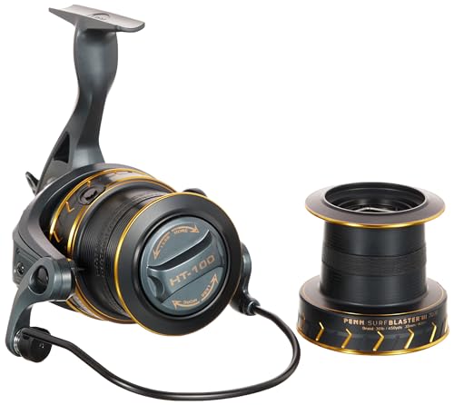 PENN Surfblaster III Longcast Angelrolle, gelbe Kugellager und schwarz gefärbter Rahmen für den Einsatz im Salzwasser zur Jagd nach großen Beutetieren wie Haien oder Riesenbarschen