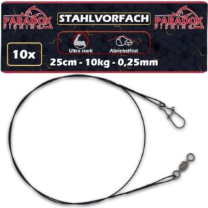 10 Stück 1x7 Stahlvorfächer 25cm I 10kg - zum Hecht-Angeln, Paradox Fishing Produkt